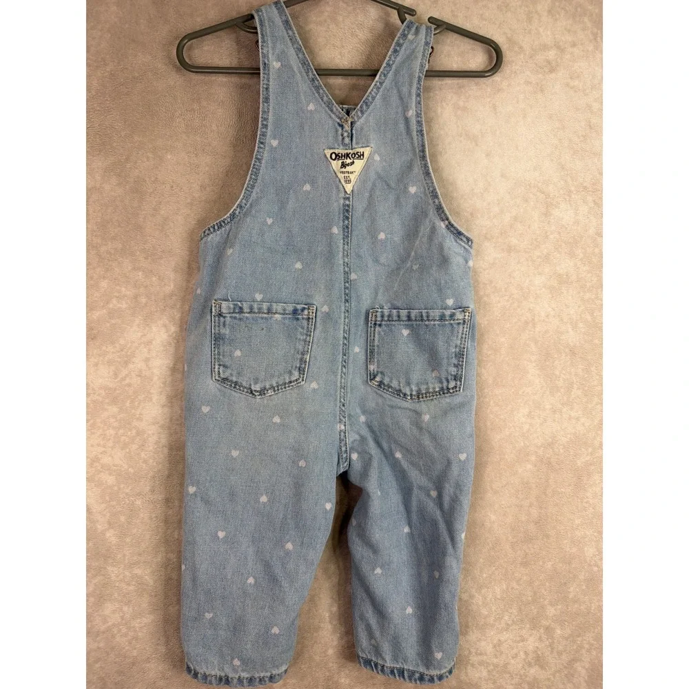 OshKosh B'gosh Denim Overalls Girls 9M Light Blue Heart Print Bib Overalls